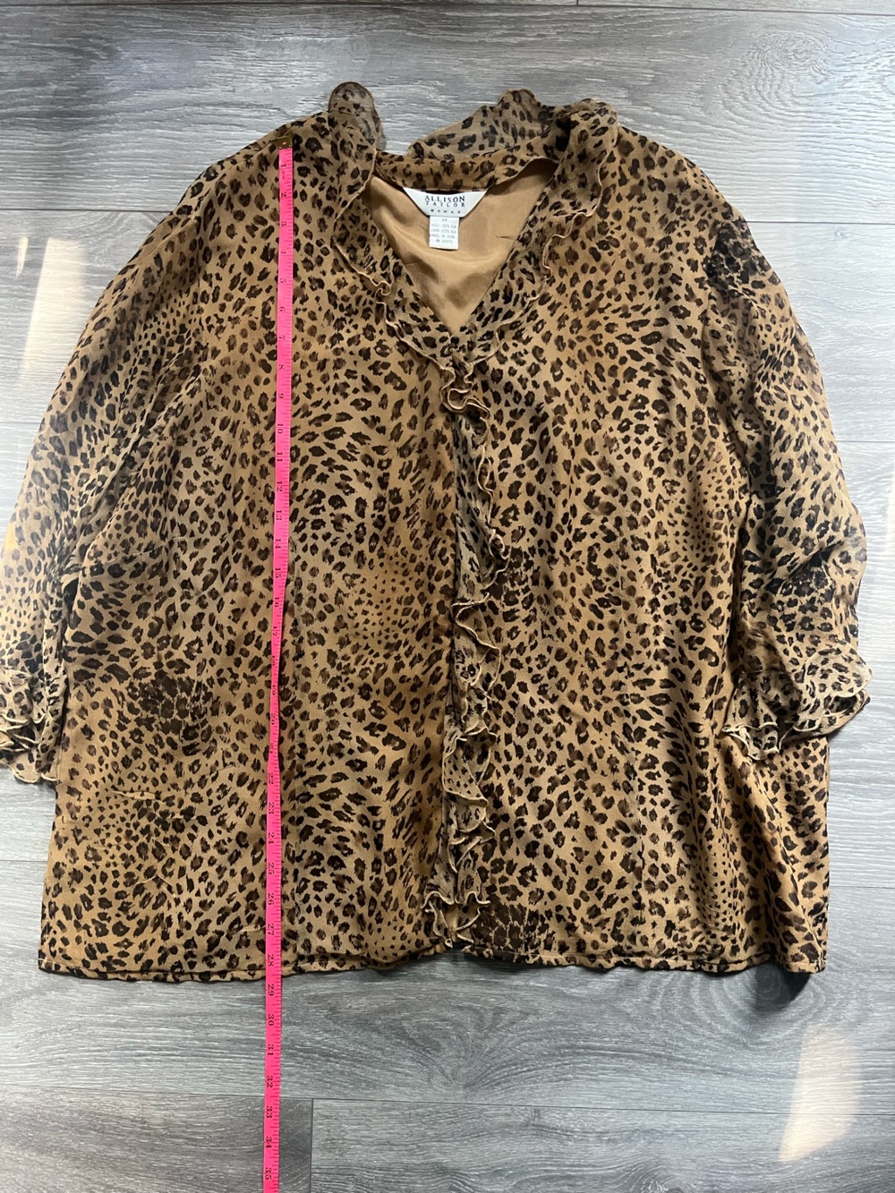 Allison Joy Leopard Print Brown Ruffle V Neck 100% Silk Size 3X Animal Lined Fun - Picture 5 of 10